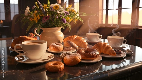 A picture-perfect scene of a cozy coffee and pastry setup on a marble surface. A steaming cup of coffee is accompanied by a variety of delicious-looking pastries, including croissants and doughnuts. F