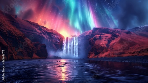 Wallpaper Mural Waterfall with northern lights, aurora borealis, vibrant colors, serene flow, tranquil pool, nature's splendor, dynamic scene, serene setting, gentle cascade, peaceful scene, vibra Torontodigital.ca