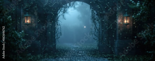 Mysterious foggy night scene in a dark enchanted garden with ivy-covered archway and glowing lanterns.
