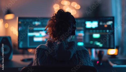 Person wearing headphones sitting at a dual-monitor workstation, engaging in video editing in a dimly lit workspace.