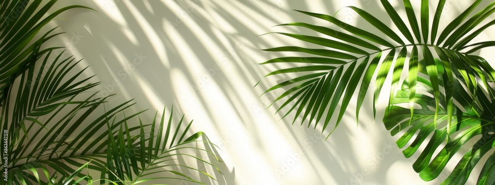 A tight shot of a green plant against a white backdrop, accompanied by a palm tree shadow cast onto the wall A tight shot of a green plant against a white backdrop, accompanied by a palm tree shadow cast onto the wall