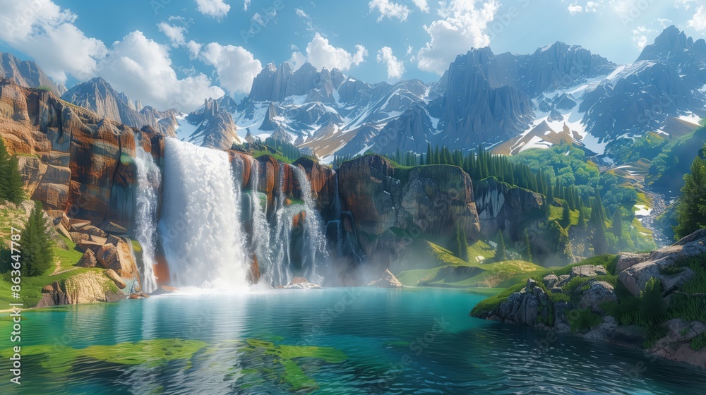 Fototapeta premium Waterfall in the mountains, rugged terrain, snow-capped peaks, vibrant colors, serene flow, tranquil pool, dramatic landscape, nature's beauty, serene setting, gentle cascade, tran