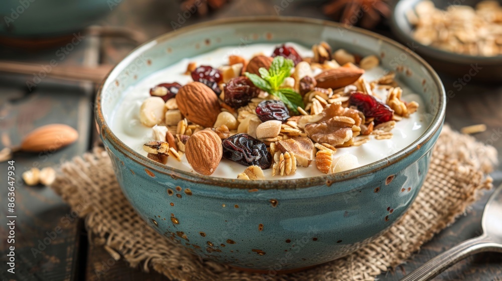 Greek yogurt topped with a mix of assorted nuts and dried fruits in a ceramic bowl