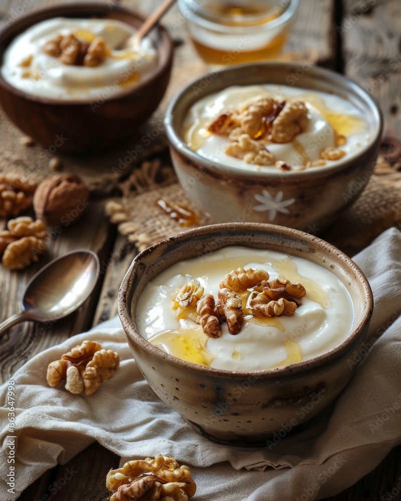 Greek yogurt with honey and walnuts served in a rustic setting, featuring a wholesome and delicious breakfast or snack concept Greek yogurt with honey and walnuts served in a rustic setting, featuring a wholesome and delicious breakfast or snack concept