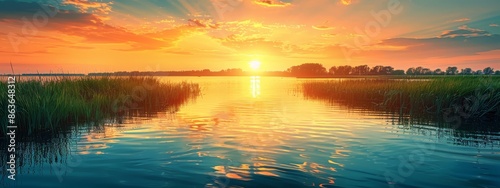 grass in foreground, sun rising at horizon