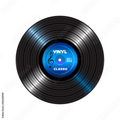 Long play vynil record with blue paper label isolated on white background.	