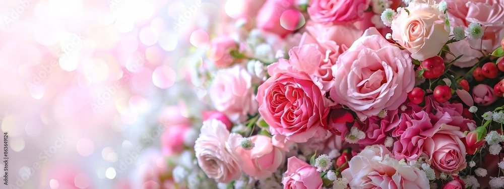 A close-up of pink and white flowers against a wall with backdrop of soft lights A close-up of pink and white flowers against a wall with backdrop of soft lights