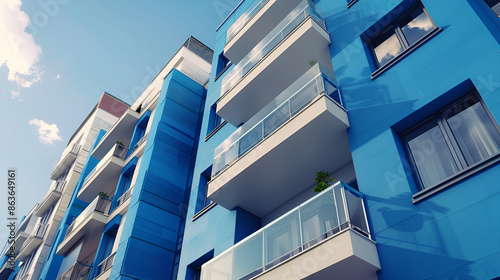 Balconies and blue sky with clouds, Part of a residential building in , Modern apartment buildings on a sunny day, architectural details, Wall of modern apartment house with balconies 
