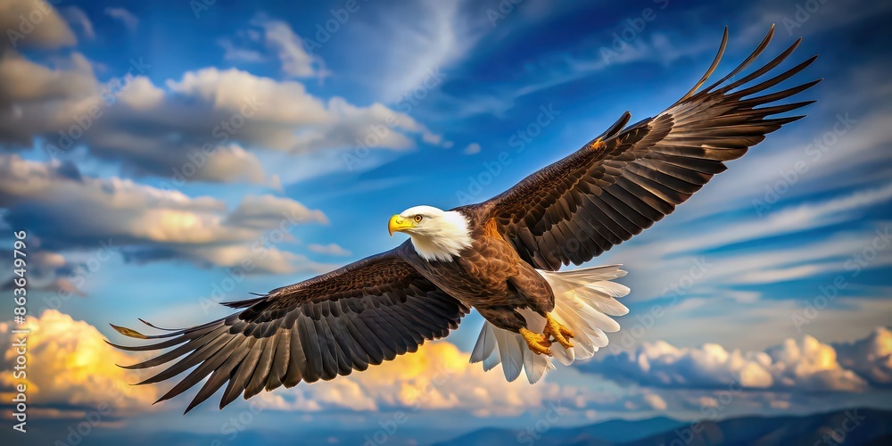 Majestic American bald eagle flying in the sky, wildlife, predator, symbol, strength, freedom, bird of prey, national bird Majestic American bald eagle flying in the sky, wildlife, predator, symbol, strength, freedom, bird of prey, national bird