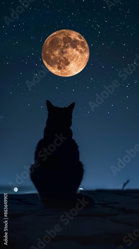 Silhouette of a Cat on the Rooftop under Full Moon at the Night Sky