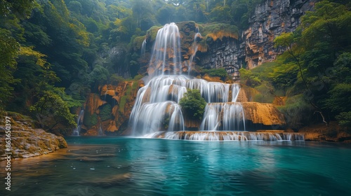 Waterfall in the wilderness, surrounded by dense forest, vibrant colors, serene flow, tranquil pool, nature's splendor, serene setting, gentle cascade, peaceful scene, vibrant hues