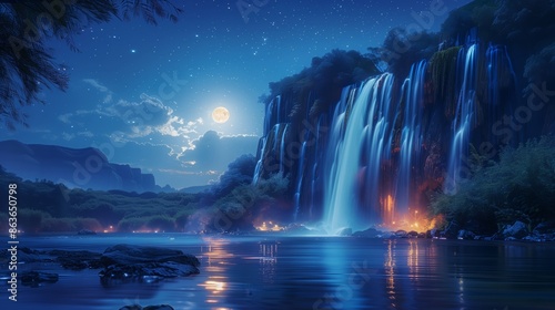 Wallpaper Mural Waterfall under the moonlight, full moon, serene flow, tranquil pool, stars twinkling, water surface reflecting celestial bodies, gentle cascade, vibrant colors, serene setting, pe Torontodigital.ca
