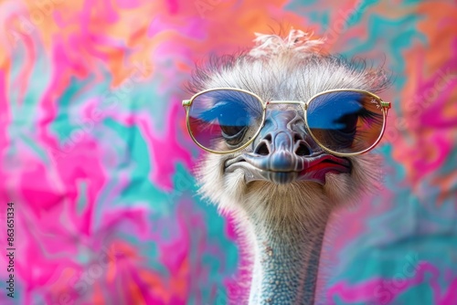 Funny ostrich in a studio with a vivid and colorful background donning sunglasses photo