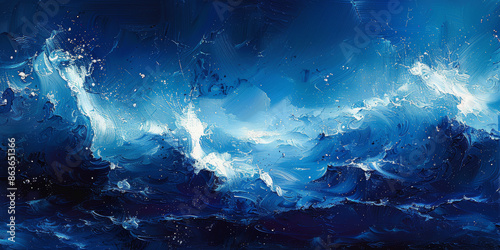 A painting of the ocean with waves crashing against the shore