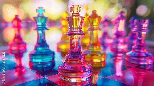 Colorful Glass Chess Pieces on Reflective Board During Sunset
