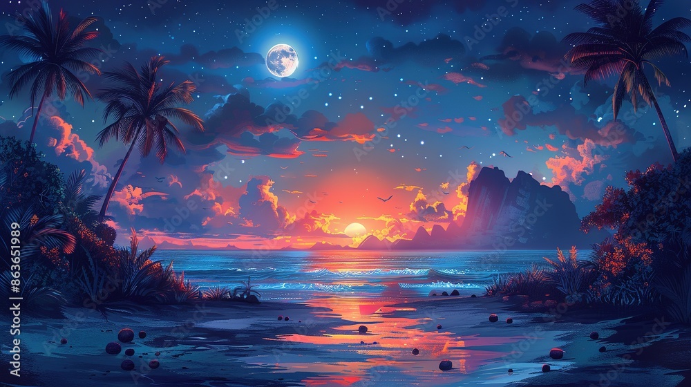 Tropical Island Nighttime Scene with Palm Trees
