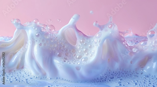 The image is of a wave of white foam, with a pink background