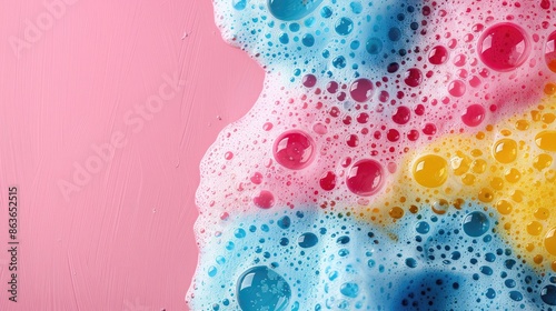 A colorful bubble bath with pink, yellow, and blue bubbles