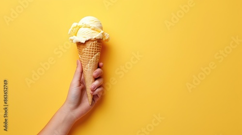 A hand holding a cone of ice cream
