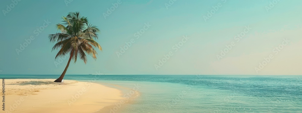Fototapeta premium Palm tree atop sandy beach, nearbody of water Boat in the distance