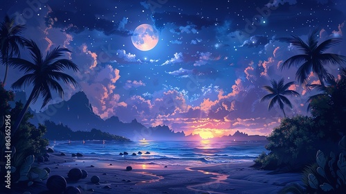 Nighttime Tropical Island with Moonlit Sky