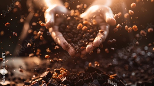 Close-up of hands dropping raisins, chocolate chunks photo
