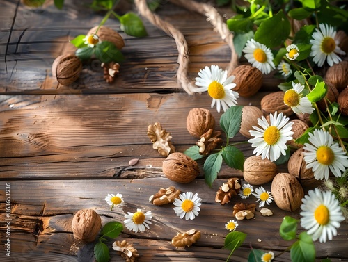 Rustic Nut and Daisy Still Life on Wooden Table
