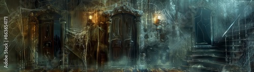 A dark hallway with a door at the end. The door is made of wood and has a metal doorknob. The walls are made of stone and there are cobwebs in the corners. The floor is made of wood and there is a pud photo