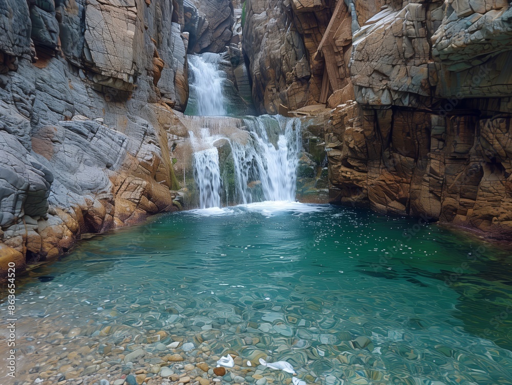 Naklejka premium Waterfall with coastal view, rocky cliffs, ocean waves, serene flow, tranquil pool, vibrant colors, nature's beauty, serene setting, gentle cascade, peaceful scene, vibrant hues, n