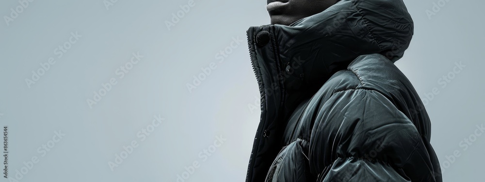  A man in a black jacket gazes up at the sky, tilting his head to one side