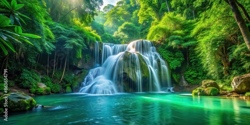 Green rainforest waterfall with cascading water on a bright day, captured in high definition eye level shots, waterfall