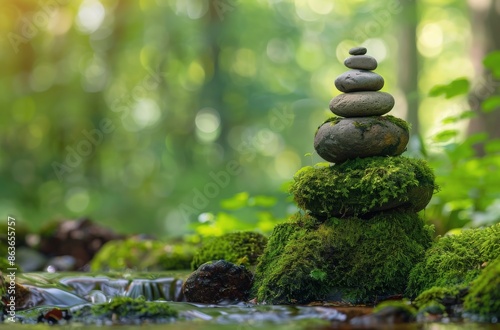 Balanced Stones on Mossy Rocks by a Tranquil Stream in a Lush Forest