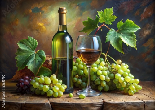 Elegant still life featuring a richly detailed oil painting of a wine bottle and half-filled wine glass surrounded by luscious green grapes and vine leaves.