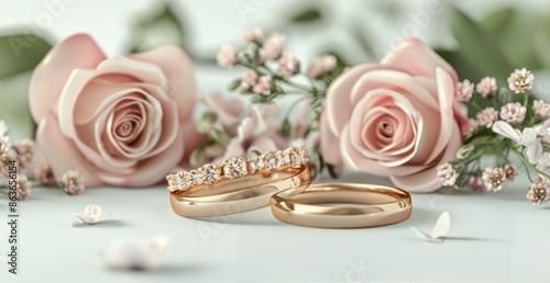 Wedding Rings With Pink Roses And Greenery