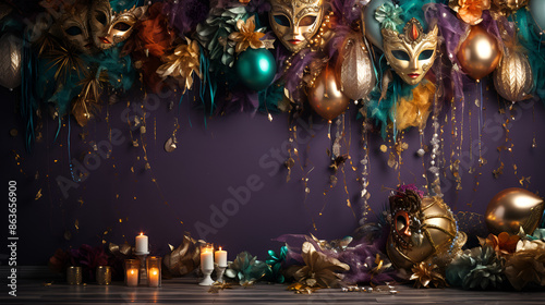  Colorful carnival background with gold and purple decorations, creating a festive and vibrant atmosphere.
