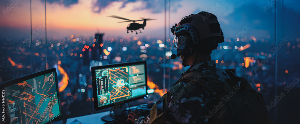 Military operator monitoring cityscape with computer and helicopter Military operator monitoring cityscape with computer and helicopter