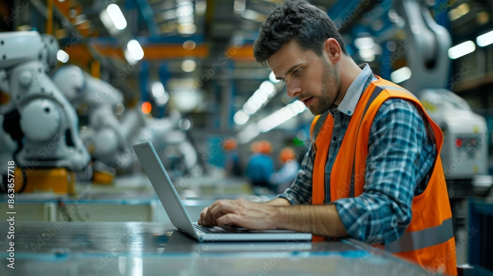 Engineer in a safety vest working on a laptop in an advanced manufacturing factory Engineer in a safety vest working on a laptop in an advanced manufacturing factory