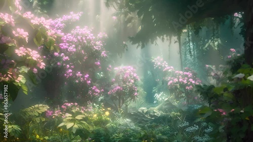  A serene forest with pink blooms, sunbeams filtering through leaves