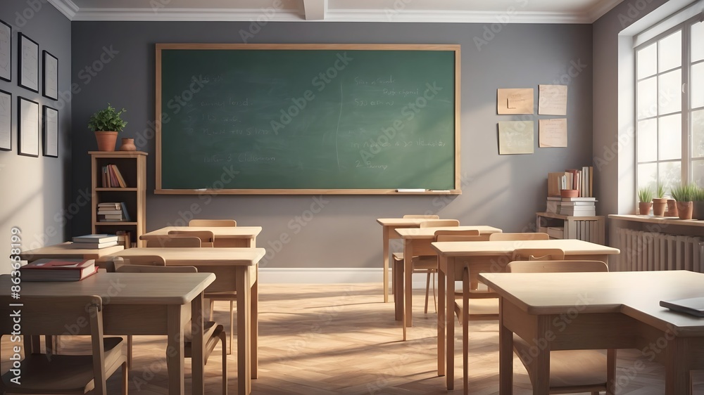 Empty classroom with sunlight streaming through the window, illuminating a blackboard and wooden desks. Concept of education, back to school, learning, and teaching. Empty classroom with sunlight streaming through the window, illuminating a blackboard and wooden desks. Concept of education, back to school, learning, and teaching.