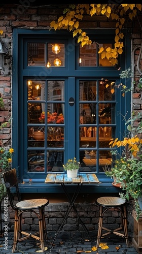 A brick wall with a window displaying a quaint scene behind it. 