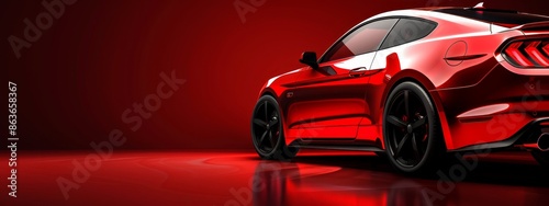  A tight shot of a red sports car against a solid red backdrop, with the car's rear end mirrored in the reflection photo