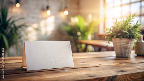 Blank white postcard on a rustic wooden table surrounded by minimalist decor, natural light pouring in through the blurred background, serene atmosphere.