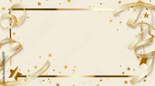 A blank card with a gold border, with gold and cream ribbons, and stars.