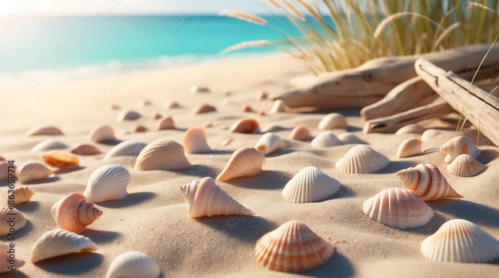 Seashells on the sandy shore next to the ocean, a peaceful location for a seaside retreat. Seashells on the sandy shore next to the ocean, a peaceful location for a seaside retreat.
