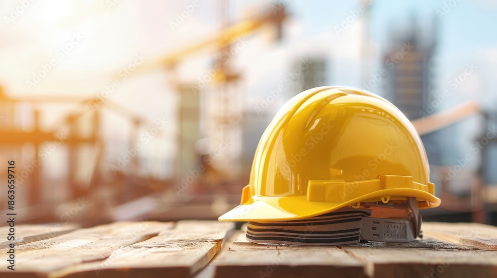 Yellow safety construction helmet on wood table with construction