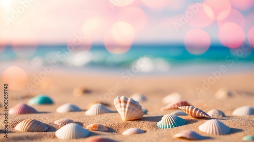 Fototapeta Naklejka Na Ścianę i Meble -  Sandy beach and scattered seashells by the ocean, a peaceful destination for relaxation.