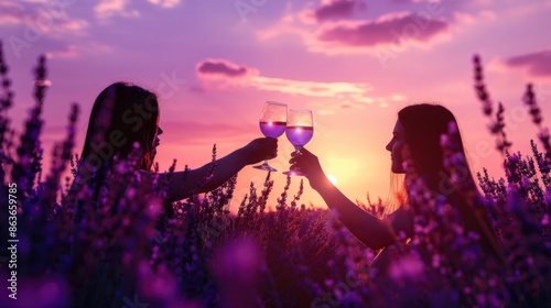 Wallpaper Mural Two figures silhouetted against the sunset, raising their glasses in a toast amidst the lavender field Torontodigital.ca