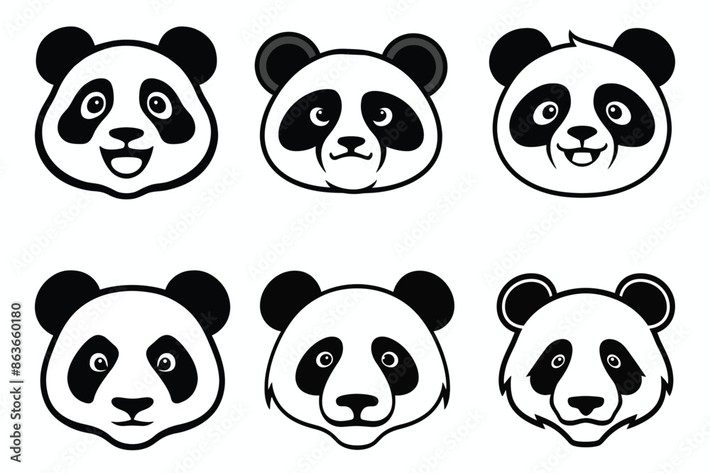 Fototapeta premium Cute Panda Head Expressions Set Black White Cartoon Vector