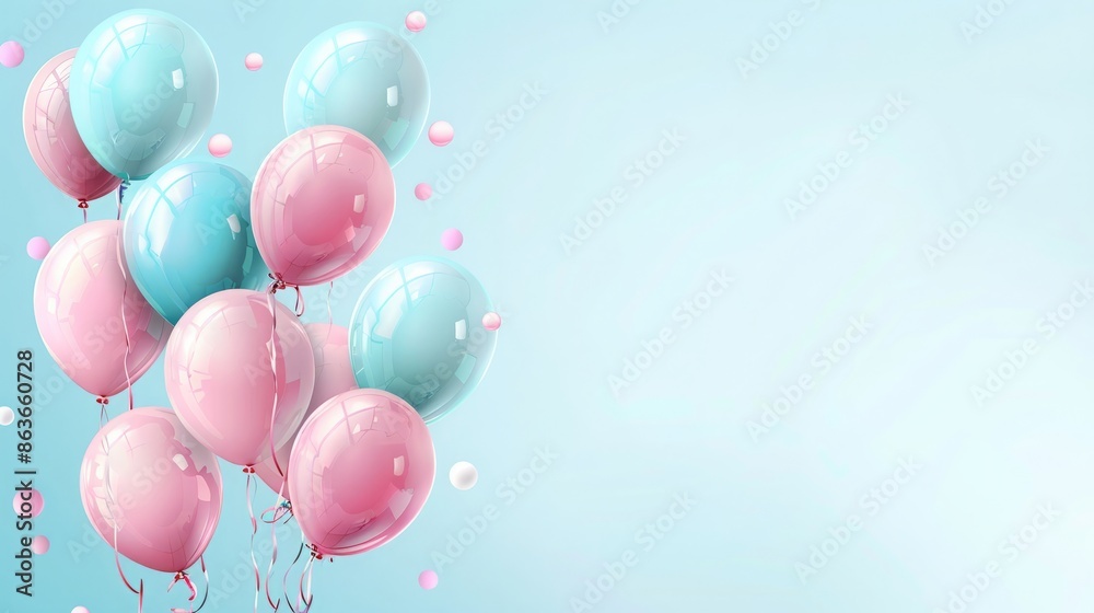 Beautiful panoramic background with pink and blue balloons. Group of pastel party balloons on soft background. Concept of happiness, joy, birthday. Wide Angle Holiday Web Banner With Copy Space Beautiful panoramic background with pink and blue balloons. Group of pastel party balloons on soft background. Concept of happiness, joy, birthday. Wide Angle Holiday Web Banner With Copy Space