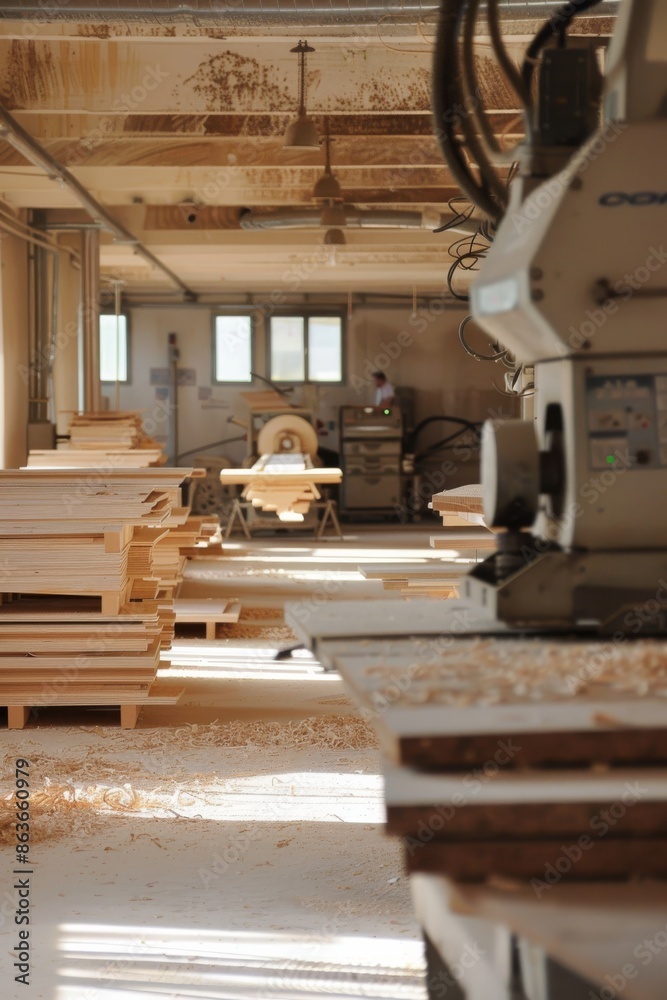 A spacious wooden workshop filled with sunlight, featuring CNC machines, neatly stacked wooden planks, and sawdust scattered on the floor, epitomizing a craftsman's workspace. A spacious wooden workshop filled with sunlight, featuring CNC machines, neatly stacked wooden planks, and sawdust scattered on the floor, epitomizing a craftsman's workspace.